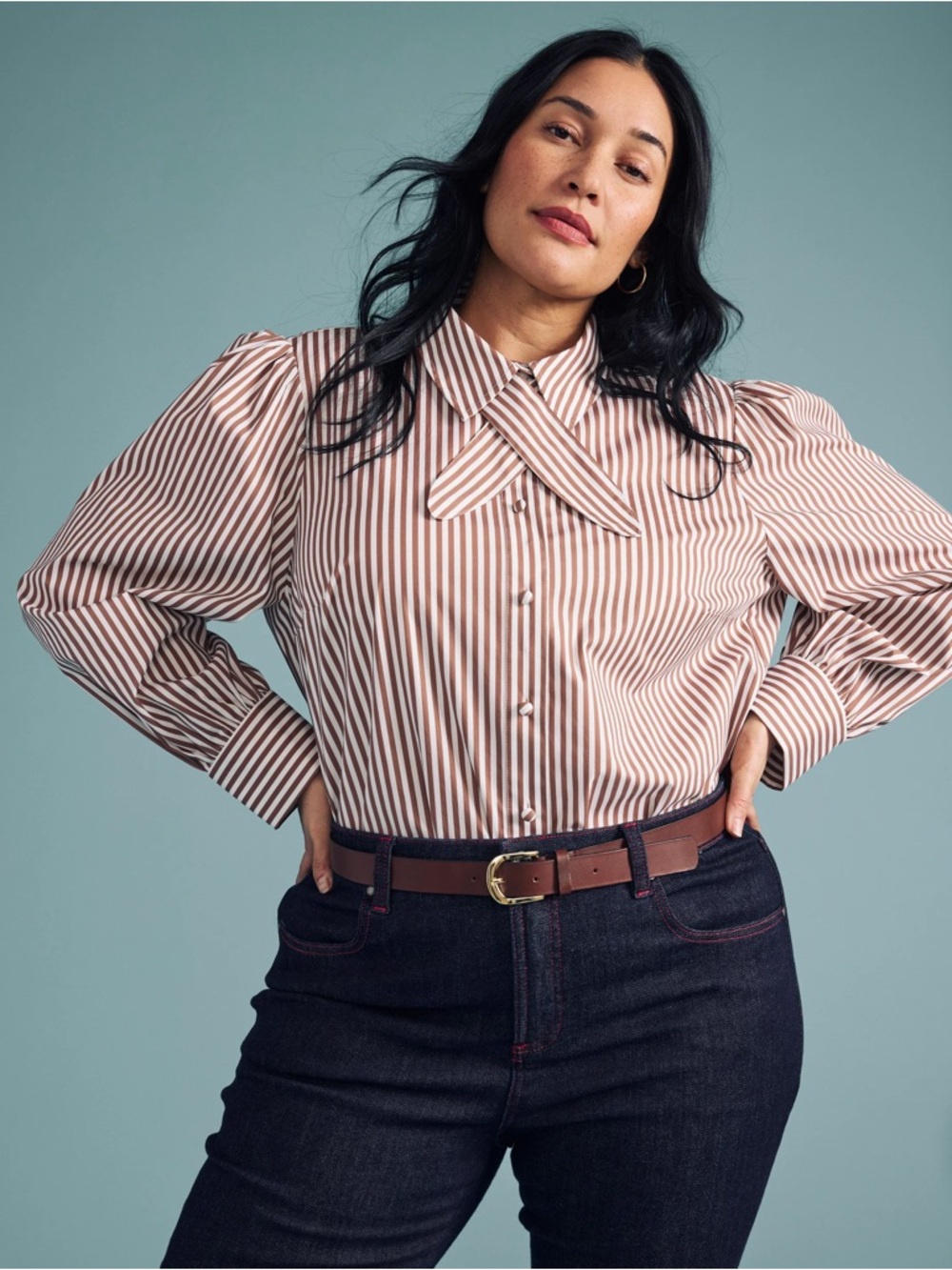 NWT Universal Standard Janet Tie Neck Poplin Shirt Striped Button Up Missing Tie